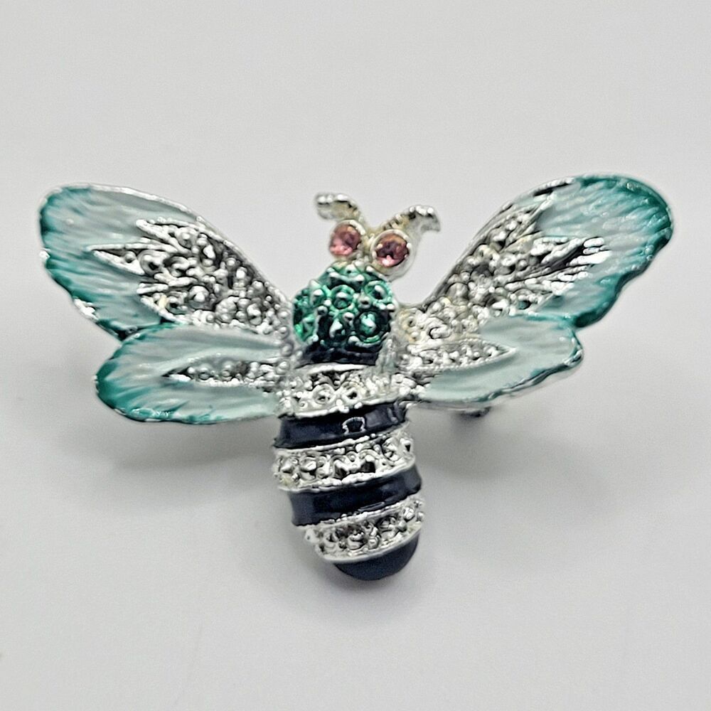 Vintage Gerrys Teal Green Enamel Retro Flying Honey Bee Pink Rhinestone 1.6in